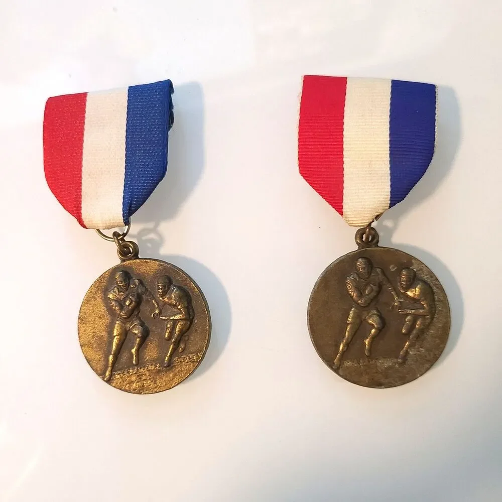 Vintage Football Sport Award Medal Ribbon Trophy Collectible Red White Blue